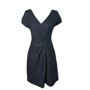 Illusion Black Wool Short Sleeve V-Neck Ruched Sheath Mini Cocktail Dress SZ 4